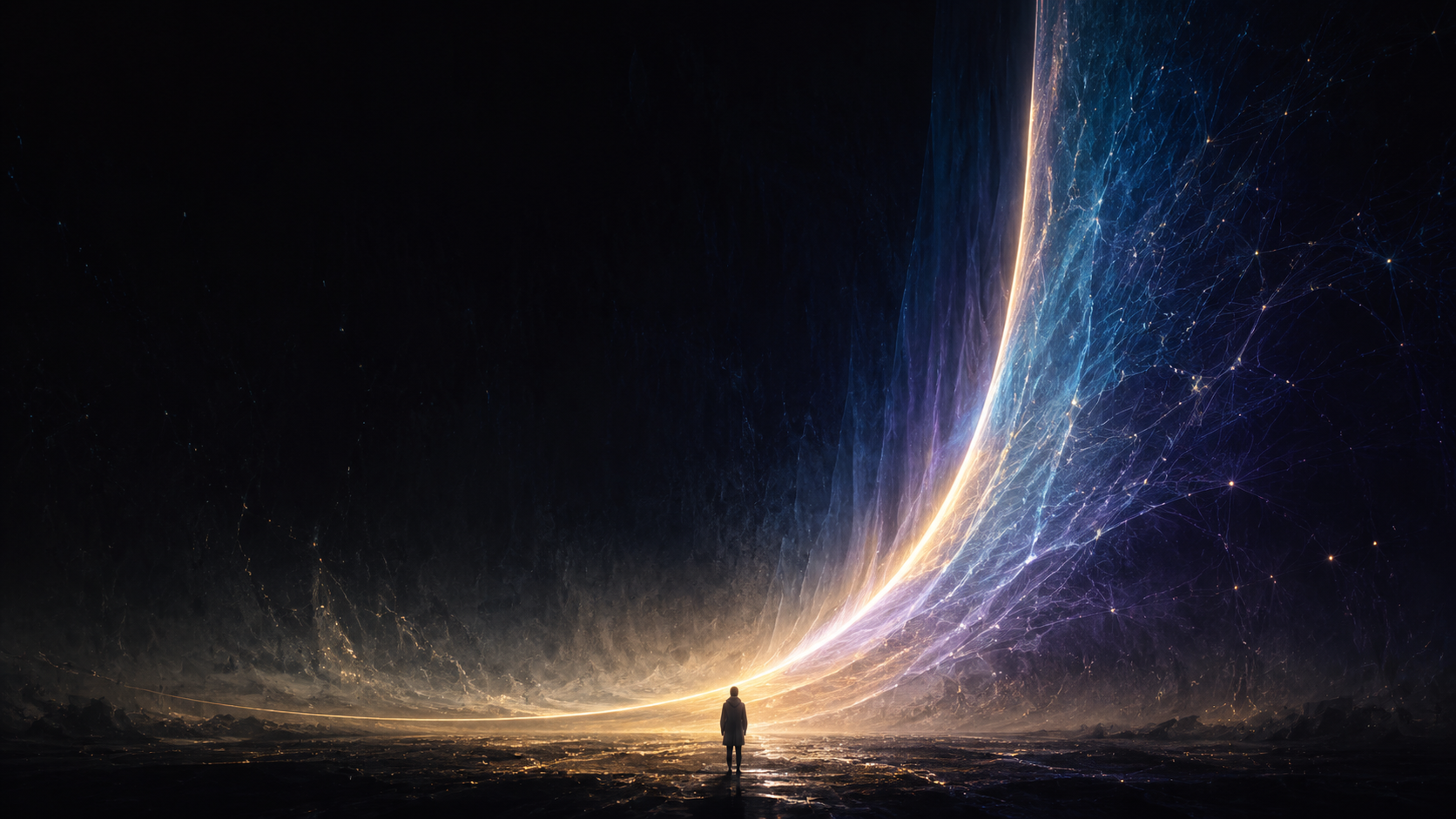 A solitary figure facing a luminous exponential threshold